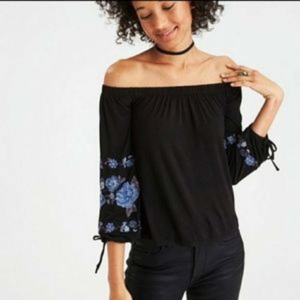 AE American Eagle Boho Off The Shoulder Embroidered Peasant Blouse Top Medium